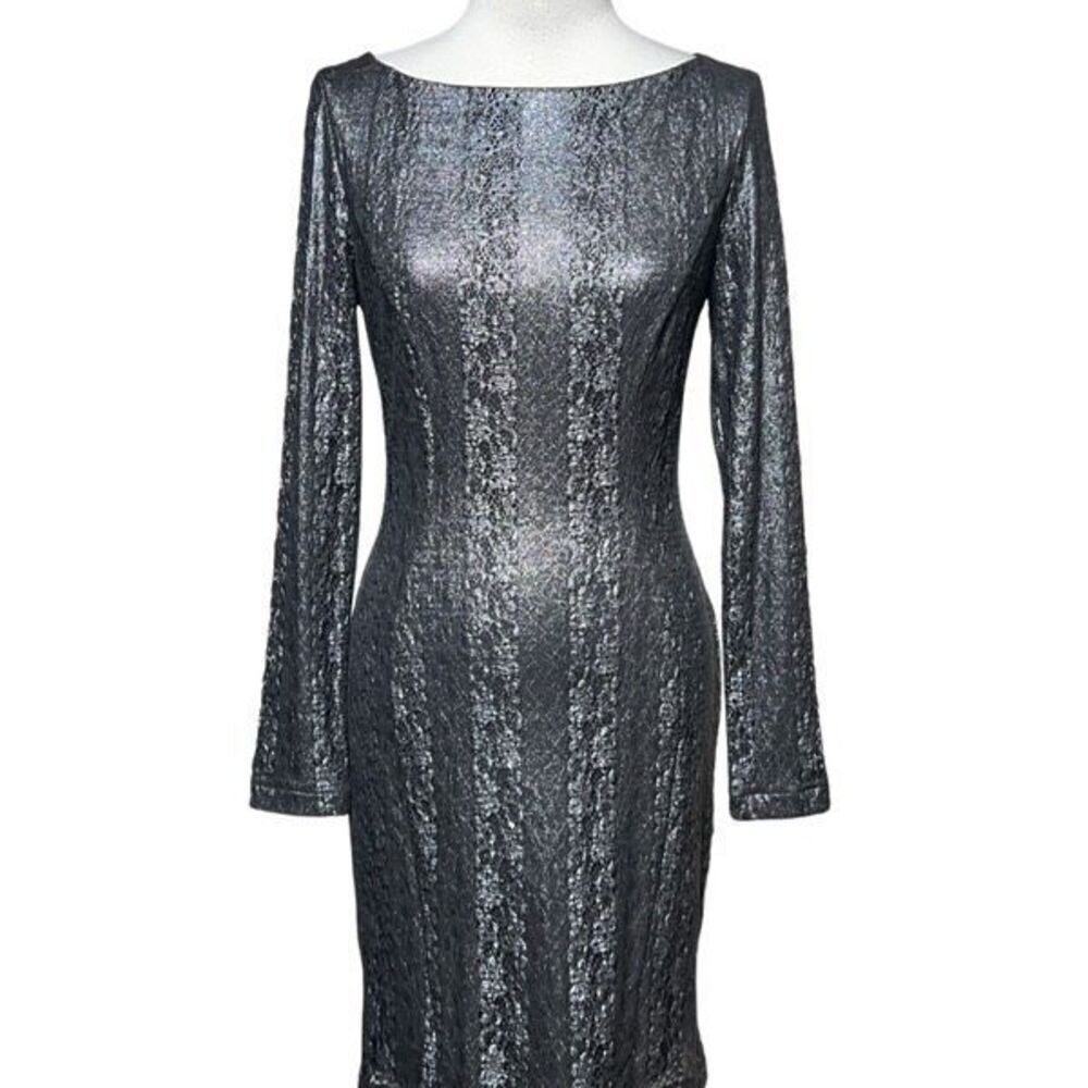 Cache Long Sleeve Grey Metallic Sheath Dress Size 2